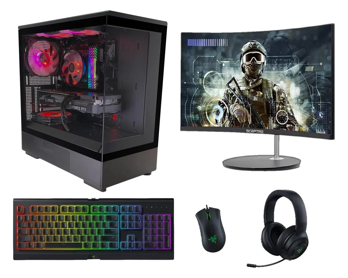 Black mid-tower PC with tempered glass panels and ARGB fans beside 24-inch monitor