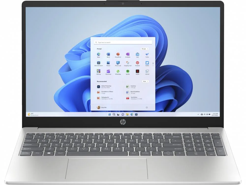 Silver HP 15.6 inch laptop closed showing smooth metallic finish