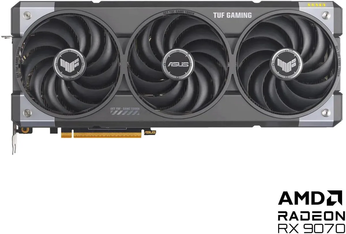 ASUS TUF Gaming Radeon RX 9070 graphics card in gray with three axial fans
