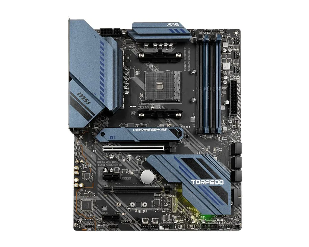 Black ATX motherboard with silver heatsinks and reinforced PCIe slots