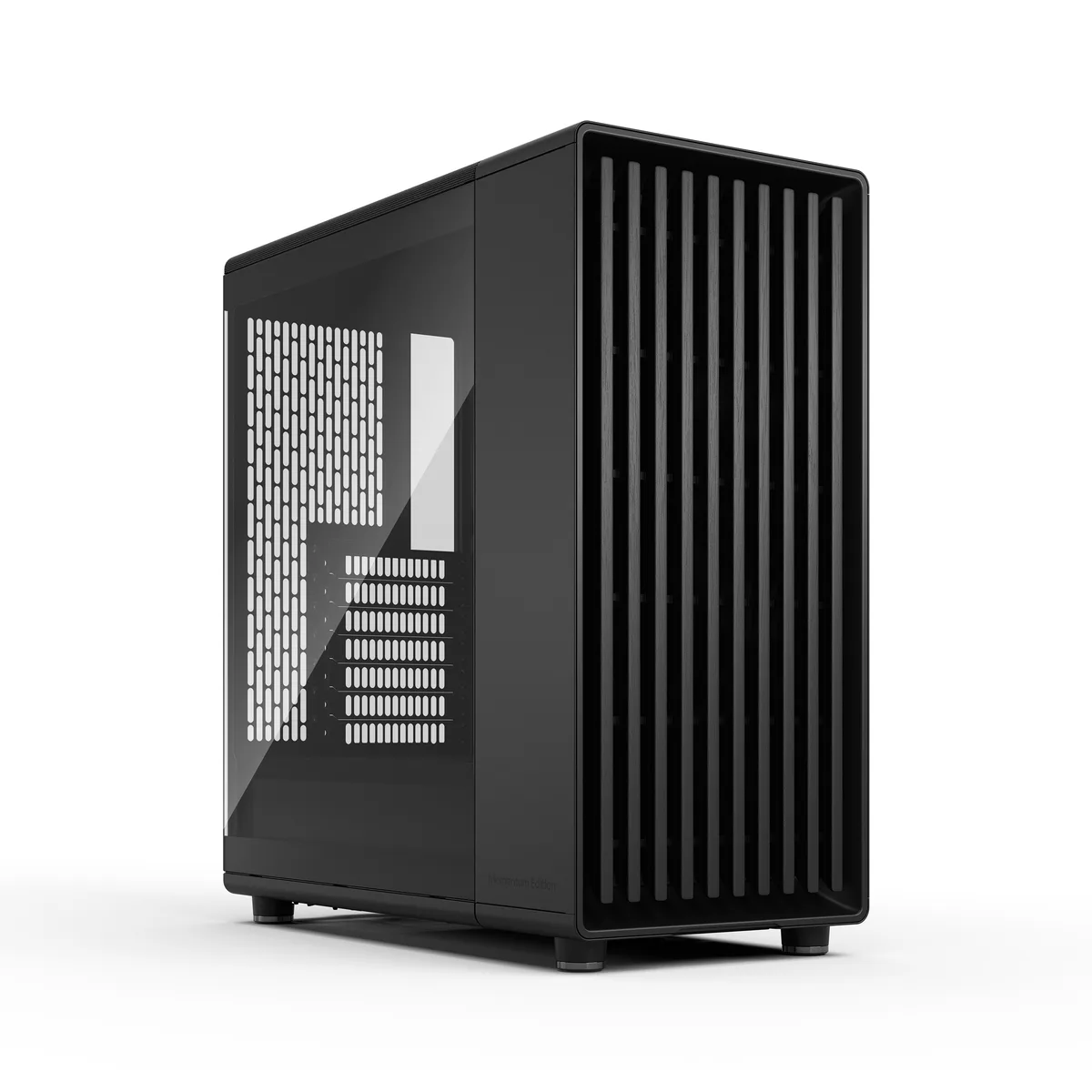 Black mid-tower case with genuine blackened oak front panel and glass side panel