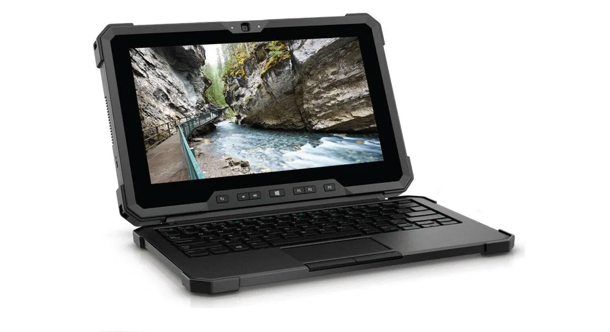 Black rugged tablet with thick bezel and rubberised edges, 11.6 inch touchscreen, Dell Latitude 7212 branding