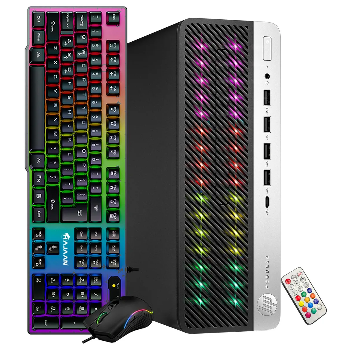 Black small-form-factor desktop tower with RGB front panel lighting, wired keyboard and mouse included