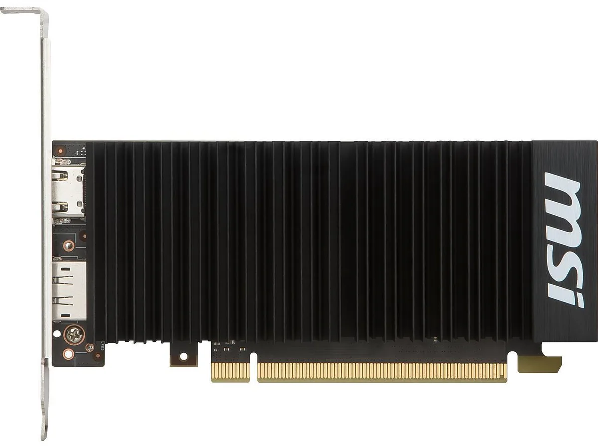 Low-profile graphics card with large passive heatsink covering most of the board, single fanless design, HDMI and DisplayPort