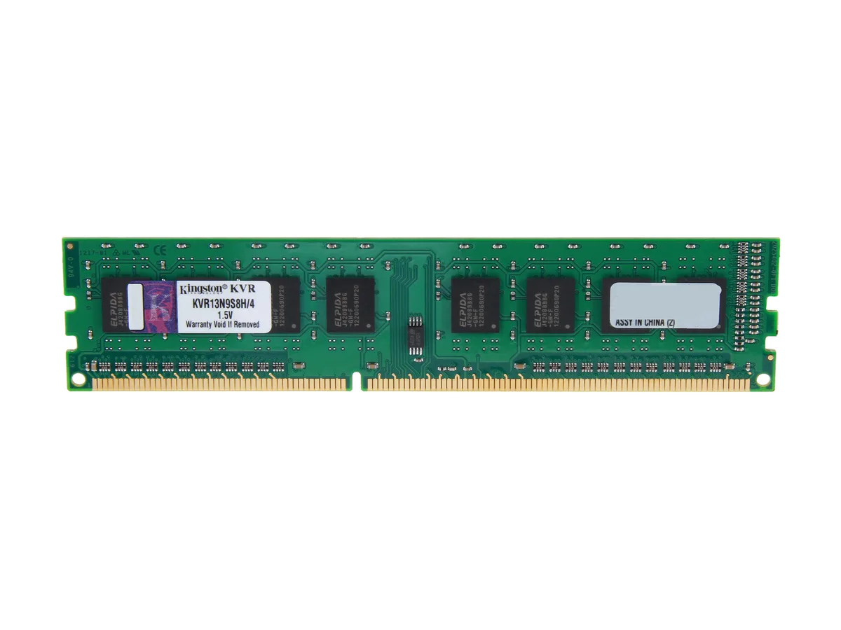 Green circuit board with black memory chips and gold edge connectors