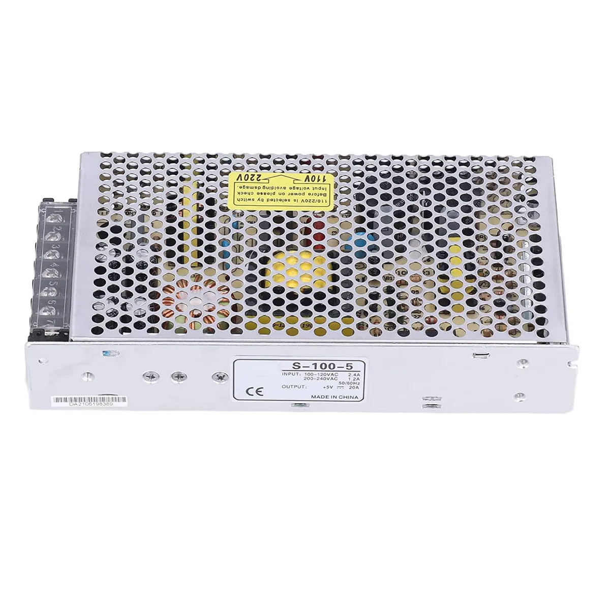 Rectangular aluminium power supply with hollow vented casing and protective terminal cover