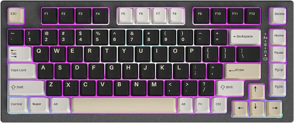 Compact 75 percent wireless mechanical keyboard in black with PBT keycaps and RGB lighting