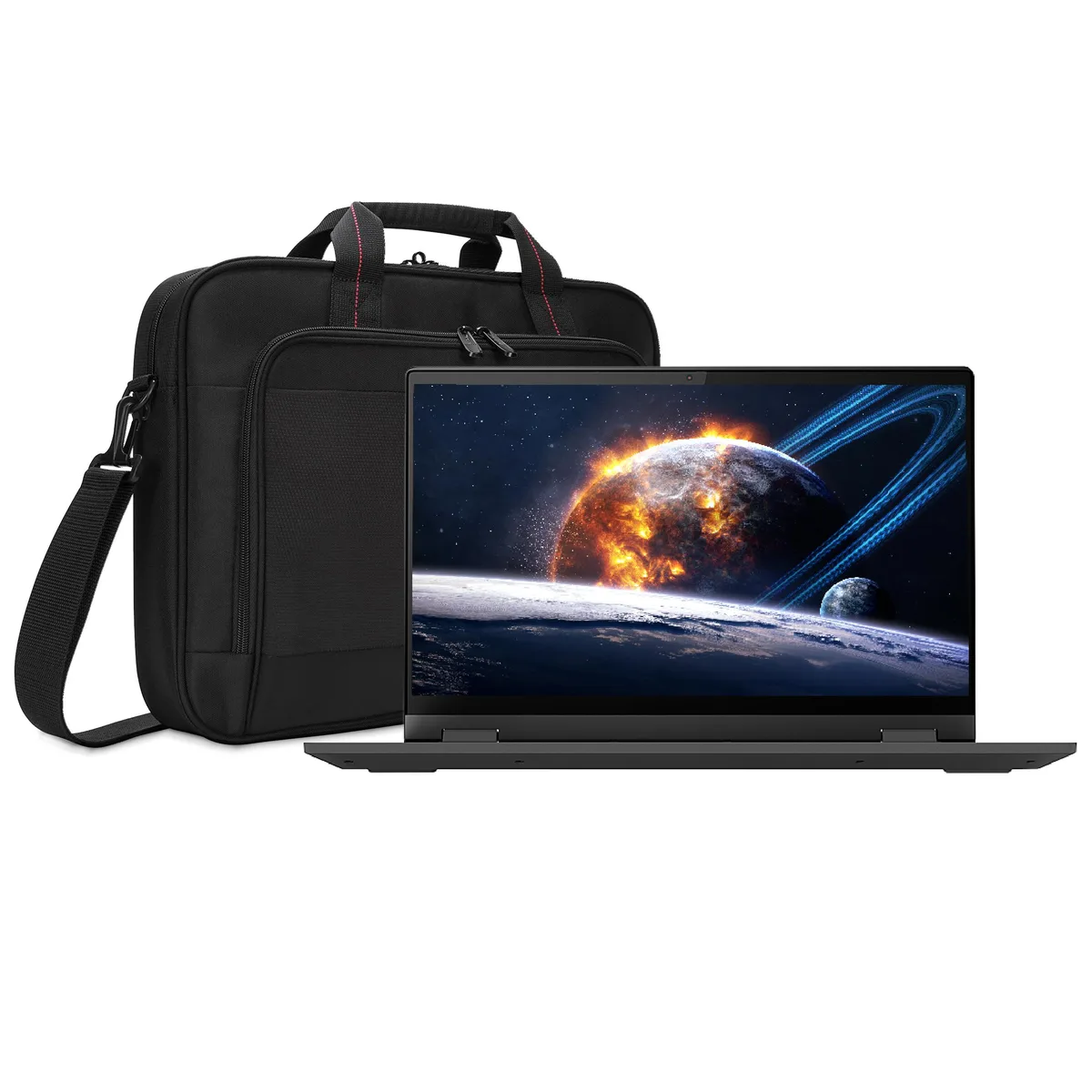 Dark grey 14 inch 2-in-1 touchscreen laptop with laptop bag