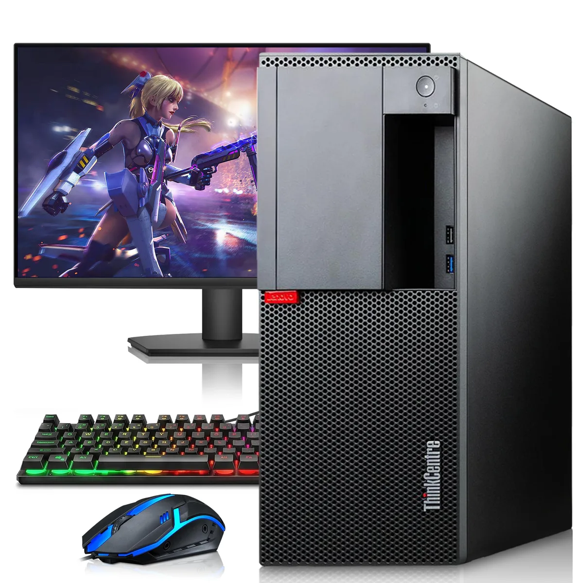 Black tower desktop with 24-inch monitor, RGB keyboard and mouse