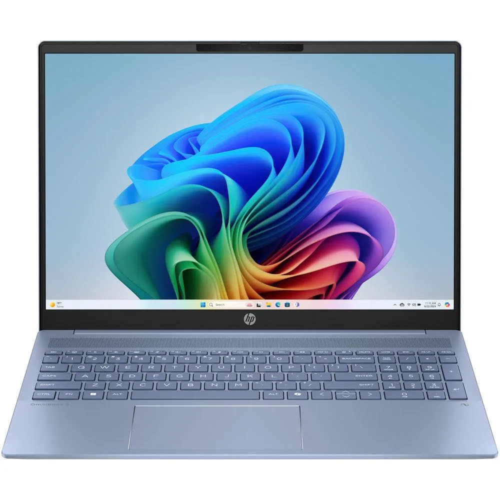 Silver 16-inch laptop with 16:10 anti-glare display and Copilot key
