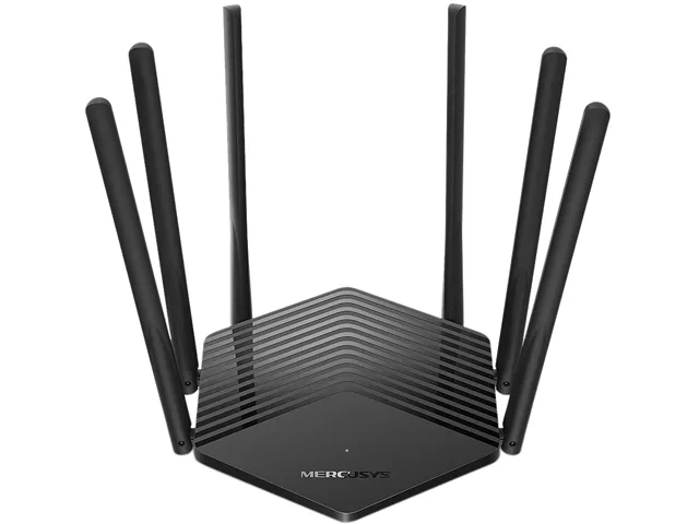 Black rectangular router with six fixed antennas on top