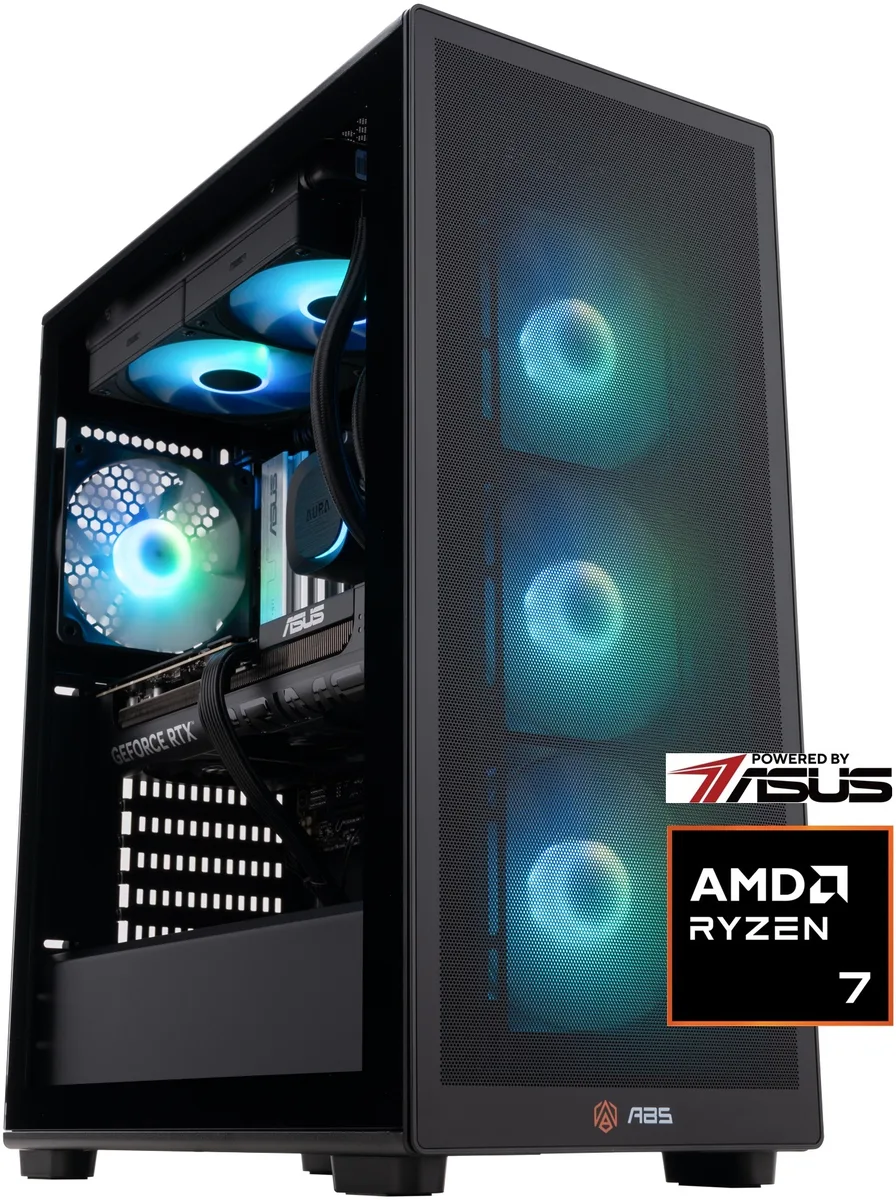 Black ABS Stratos II MX220 mid-tower case with ARGB AIO cooler visible through side panel