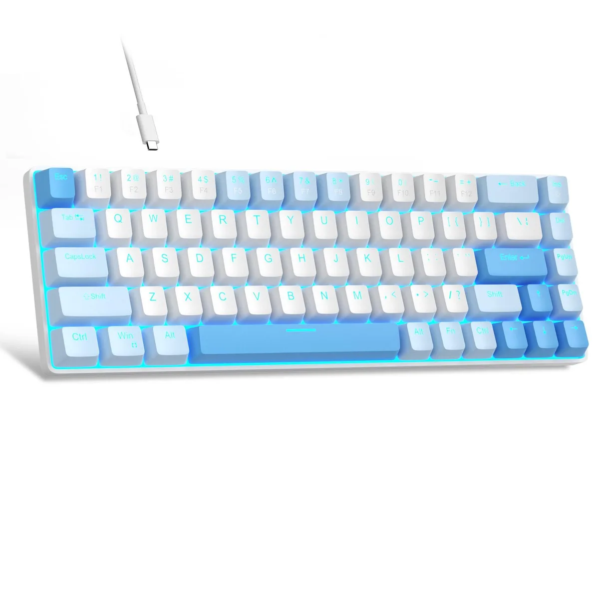 Sky blue compact mechanical keyboard, 68 keys, red switches, USB wired, blue LED backlighting