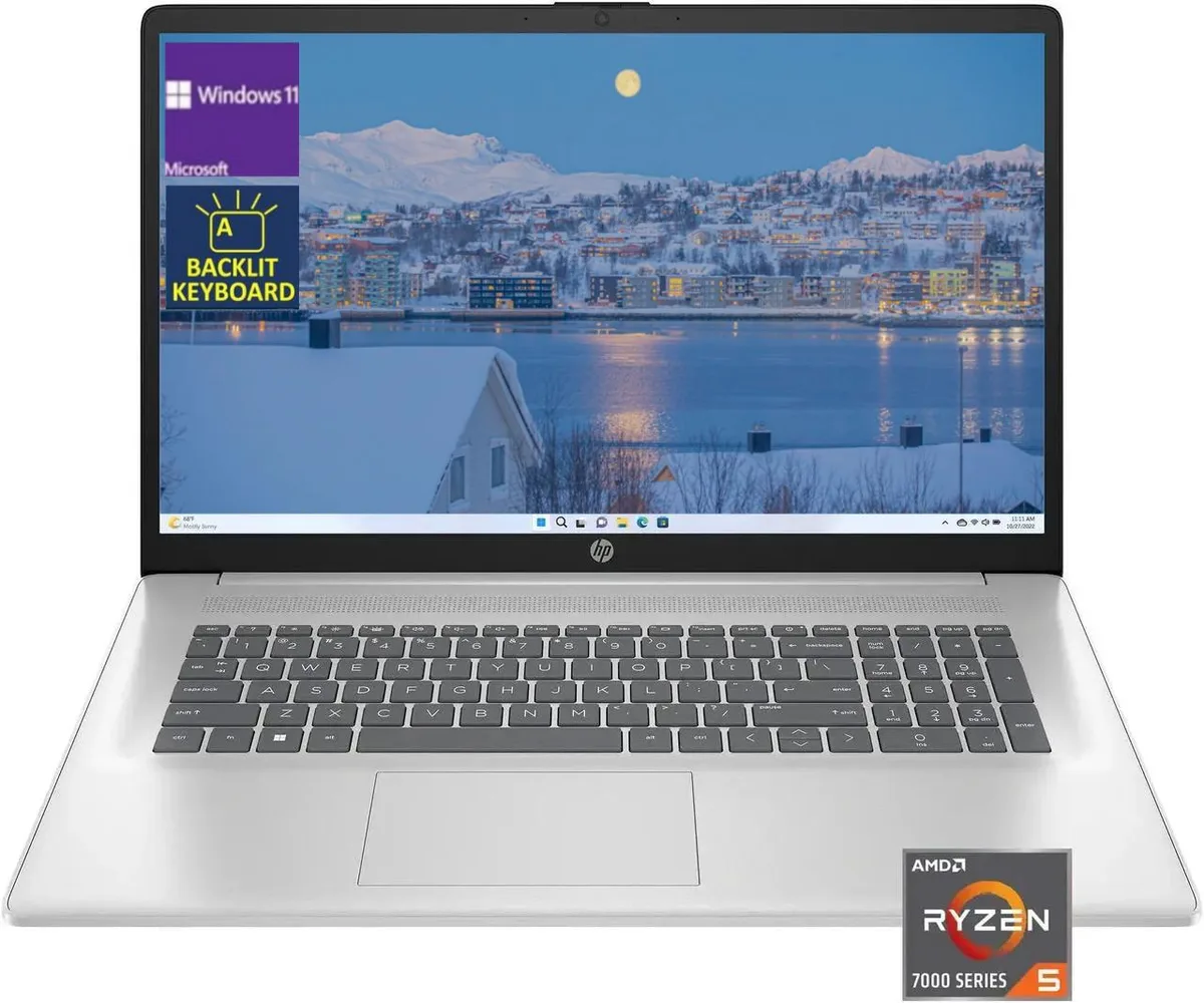 Silver HP 17.3 inch FHD laptop with backlit keyboard and numeric keypad