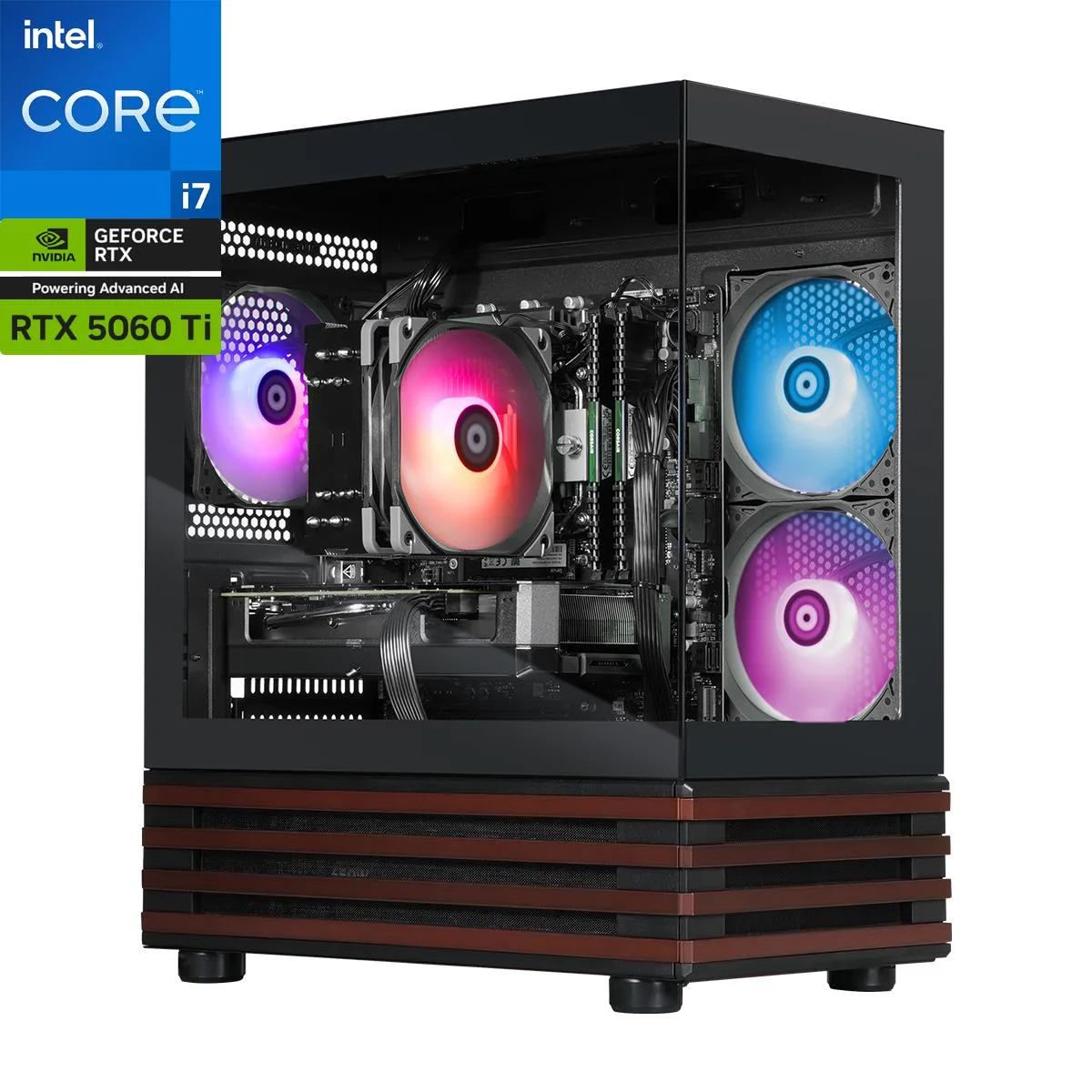 White mid-tower gaming desktop with glass side panel and RGB lighting