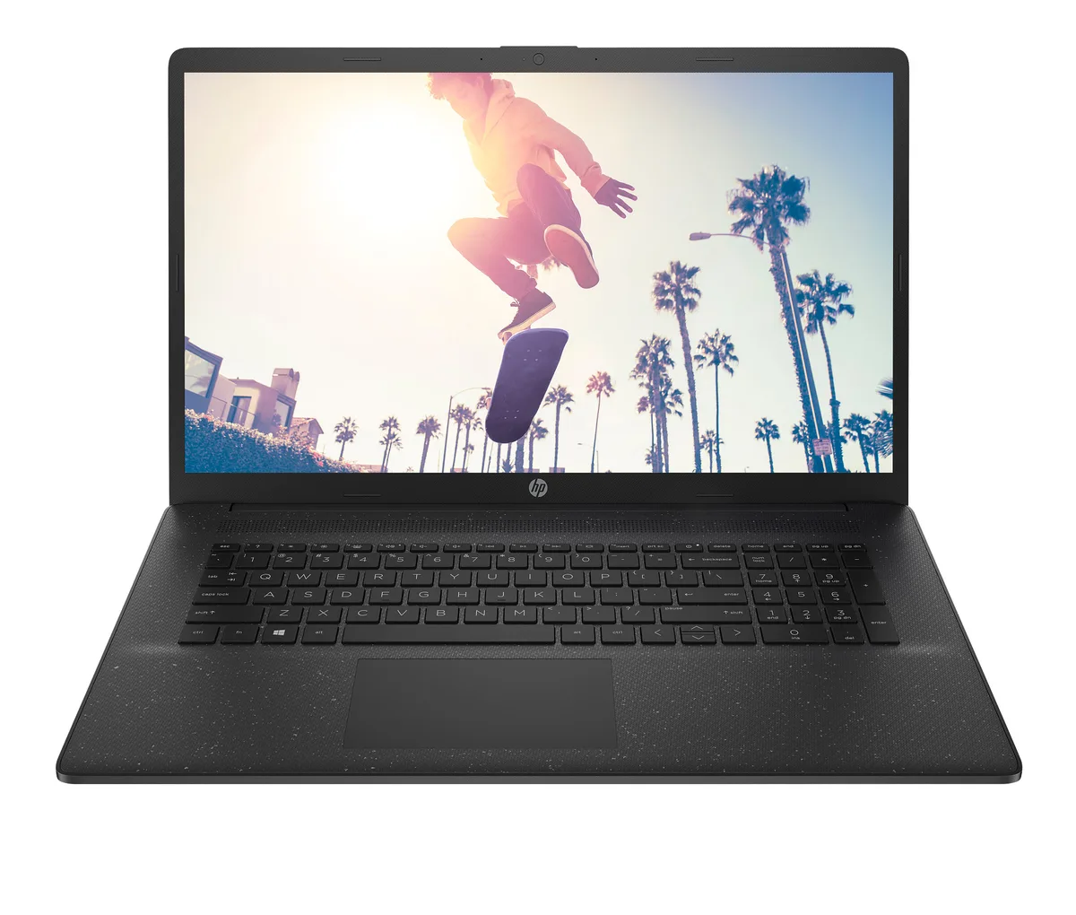 Jet black 17.3 inch laptop with anti-glare HD+ display and full-size keyboard with numeric keypad