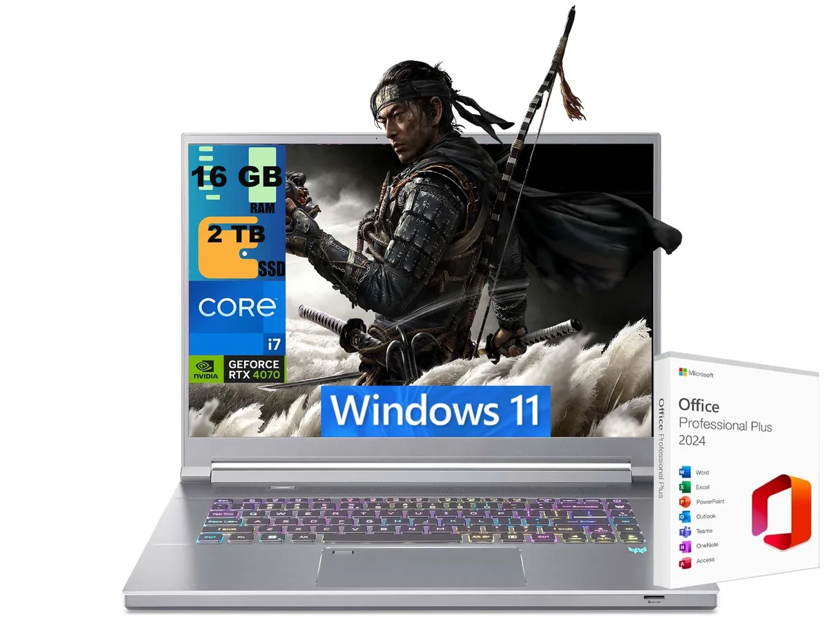 Silver gaming laptop, 16 inch display, thin bezels, per-key RGB keyboard, slim profile