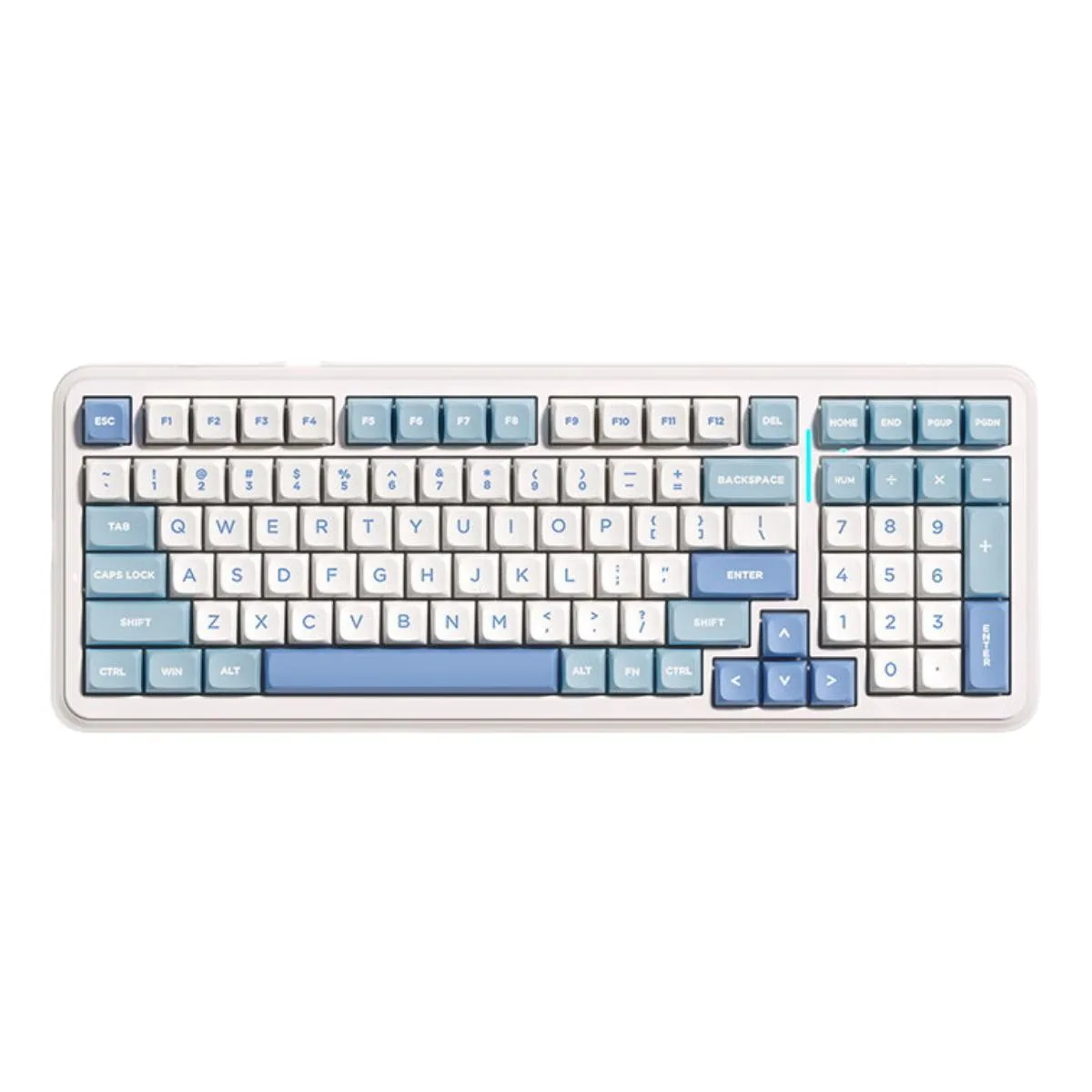 White and blue wireless gaming keyboard with compact layout and gasket mount design