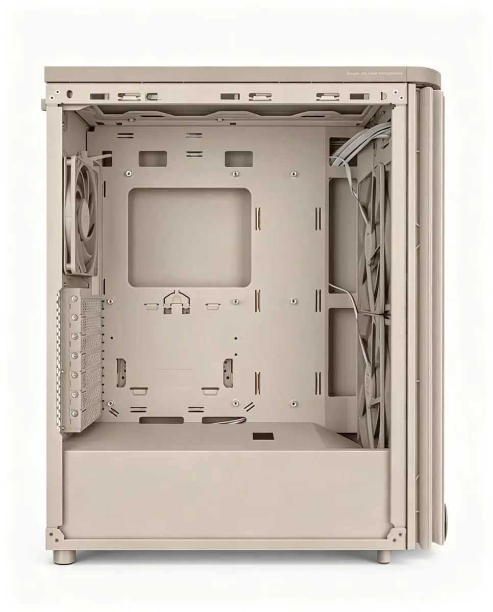 Oat White mid tower case with solid steel side panel, tempered glass front, two large 160 mm front fans visible
