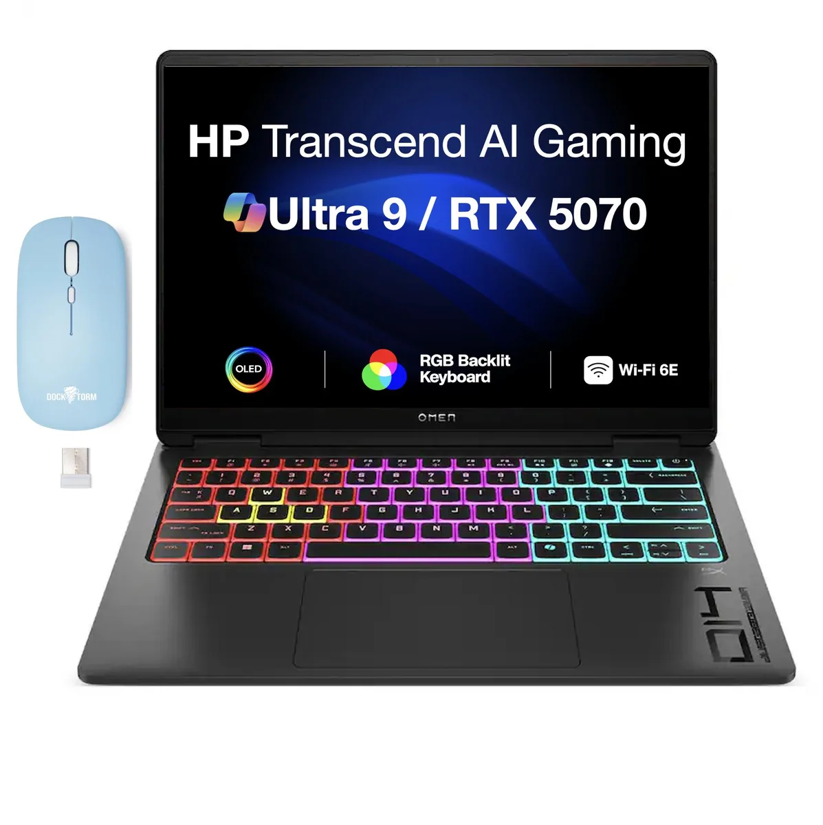 Shadow black 14.0 inch OLED gaming laptop with RGB keyboard and wireless mouse