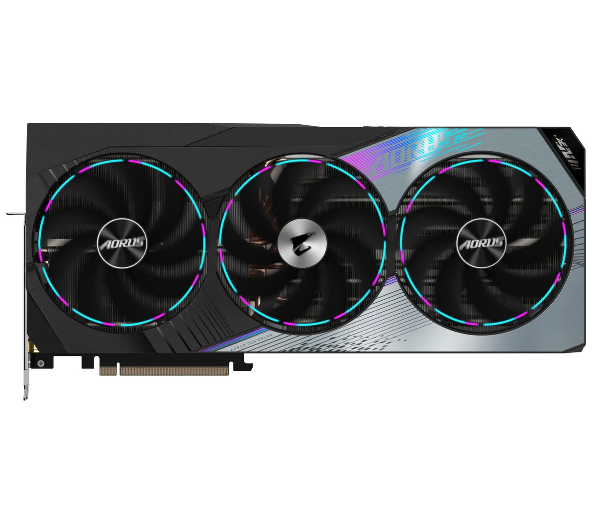 Black triple-fan graphics card, full-length ATX form factor