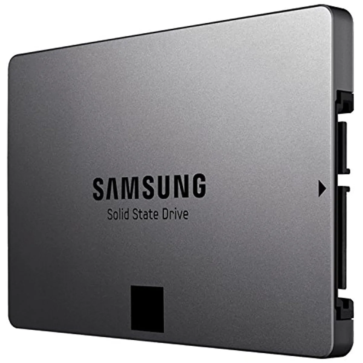 Silver rectangular 2.5 inch SATA solid state drive with black label