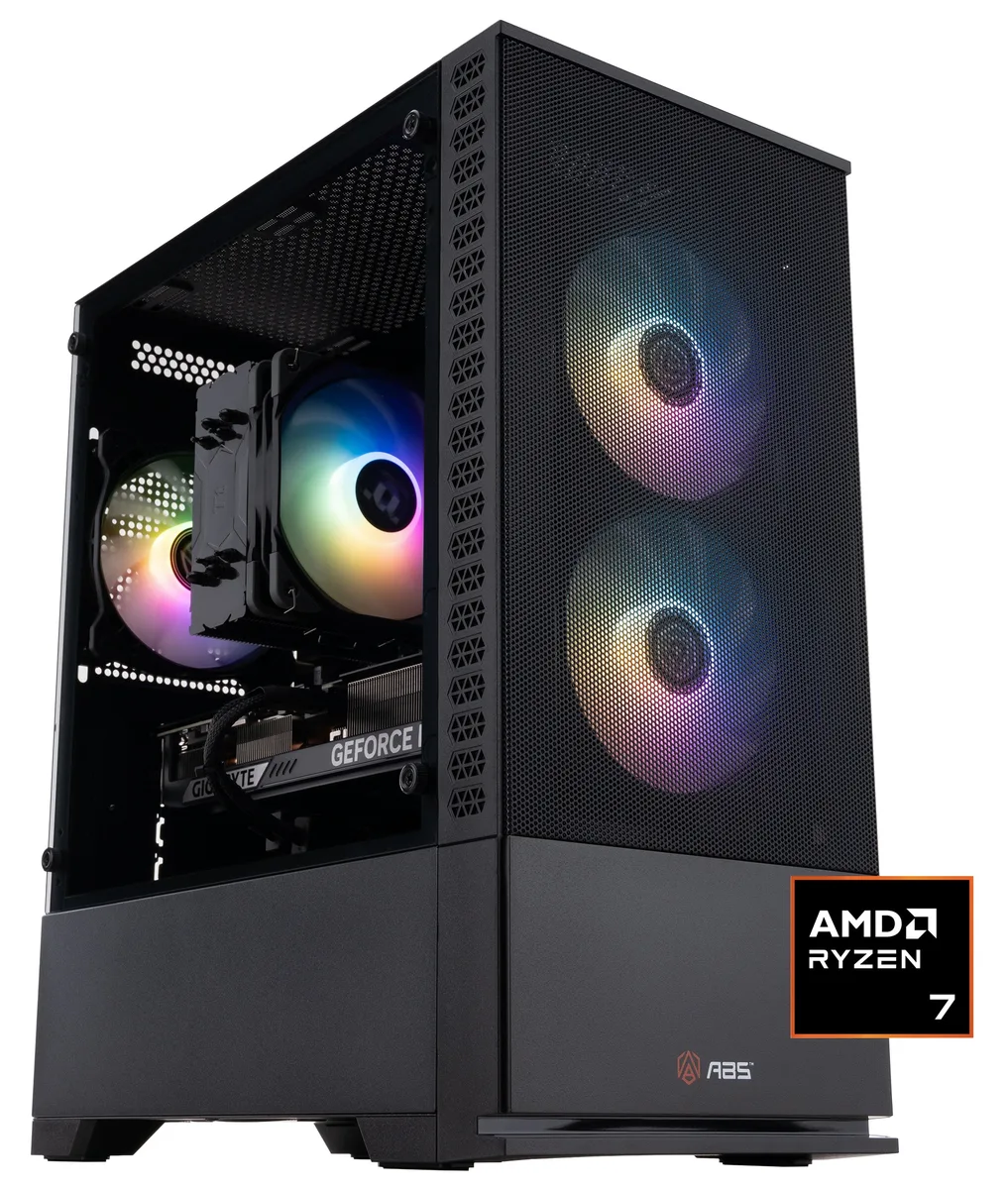 Refurbished ABS Cyclone Ruby mid-tower gaming desktop with tempered glass side panel and RGB lighting