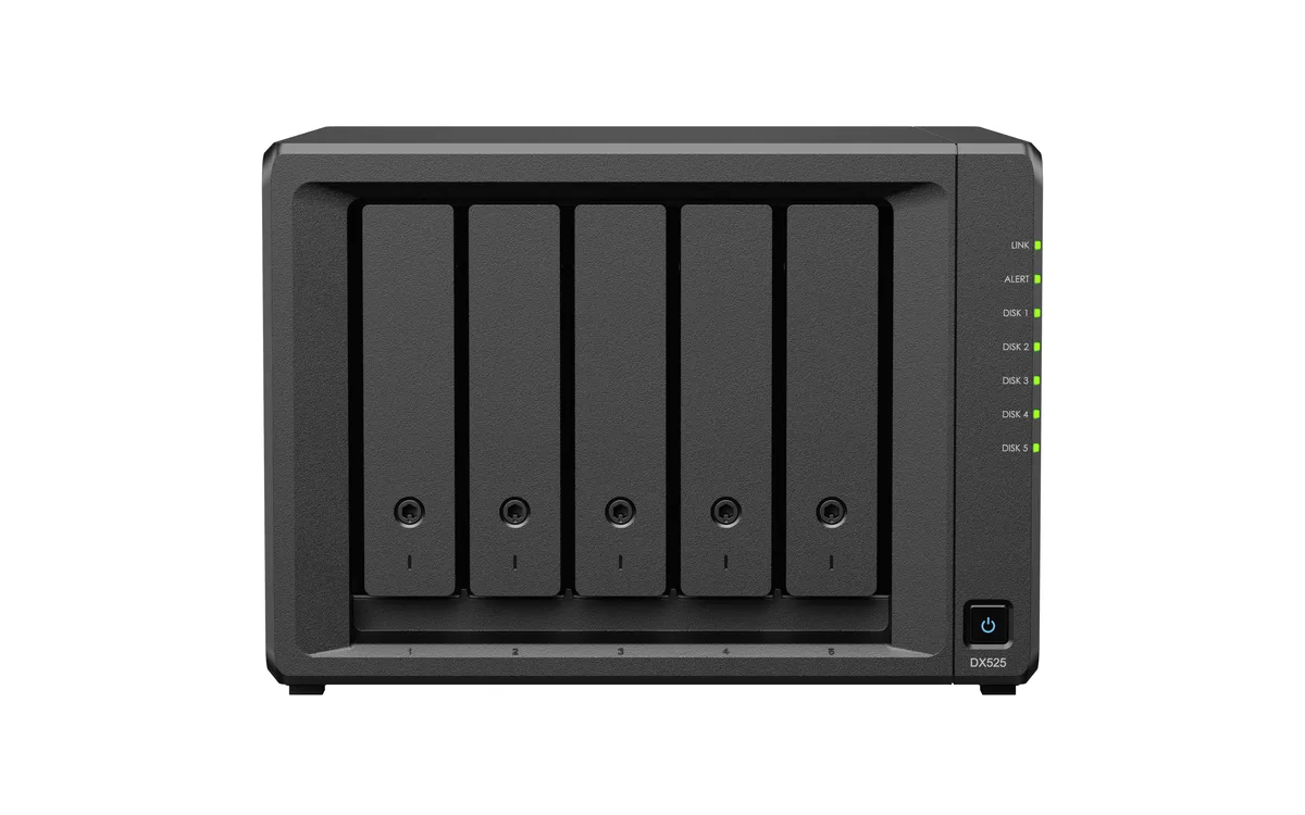 Rectangular black five-bay desktop NAS enclosure, front drive trays visible