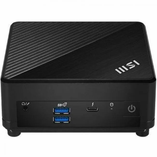 Small black rectangular barebone mini PC, front USB-C and USB-A ports visible