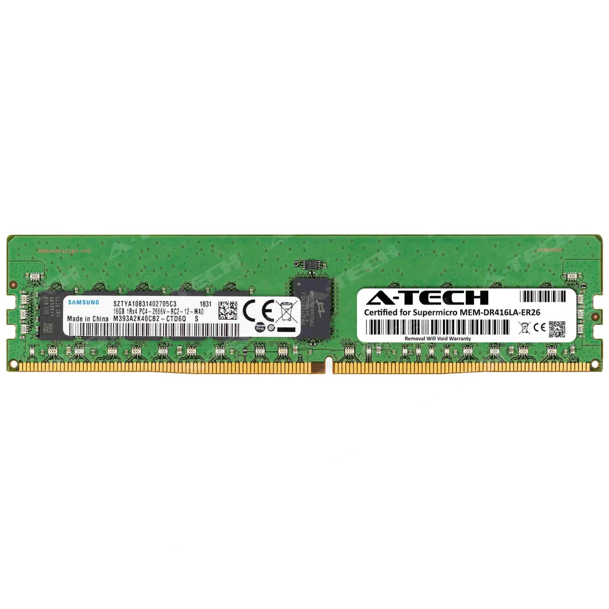 Green rectangular DDR4 RDIMM module with black chips and gold edge connectors