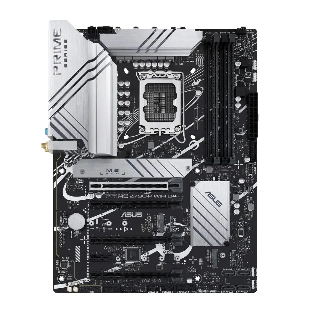 ATX motherboard dark PCB silver heatsinks LGA 1700 socket DDR4 slots rear I/O shield