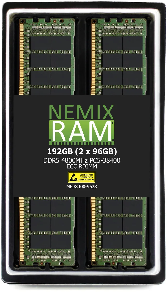 Two green DDR5 RDIMM modules, bare circuit boards with black chips, 288-pin edge connectors