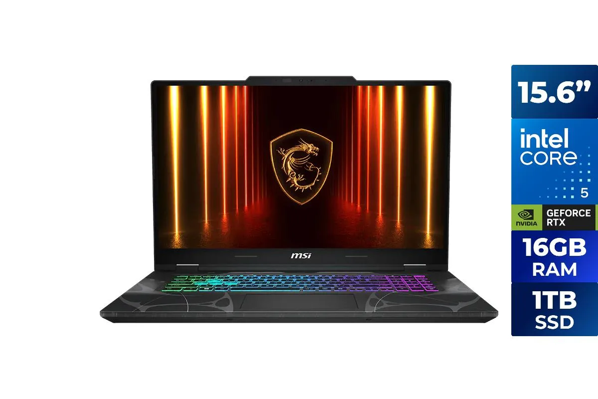 Black 15.6-inch gaming laptop with translucent keyboard area and mech-inspired exoskeleton design