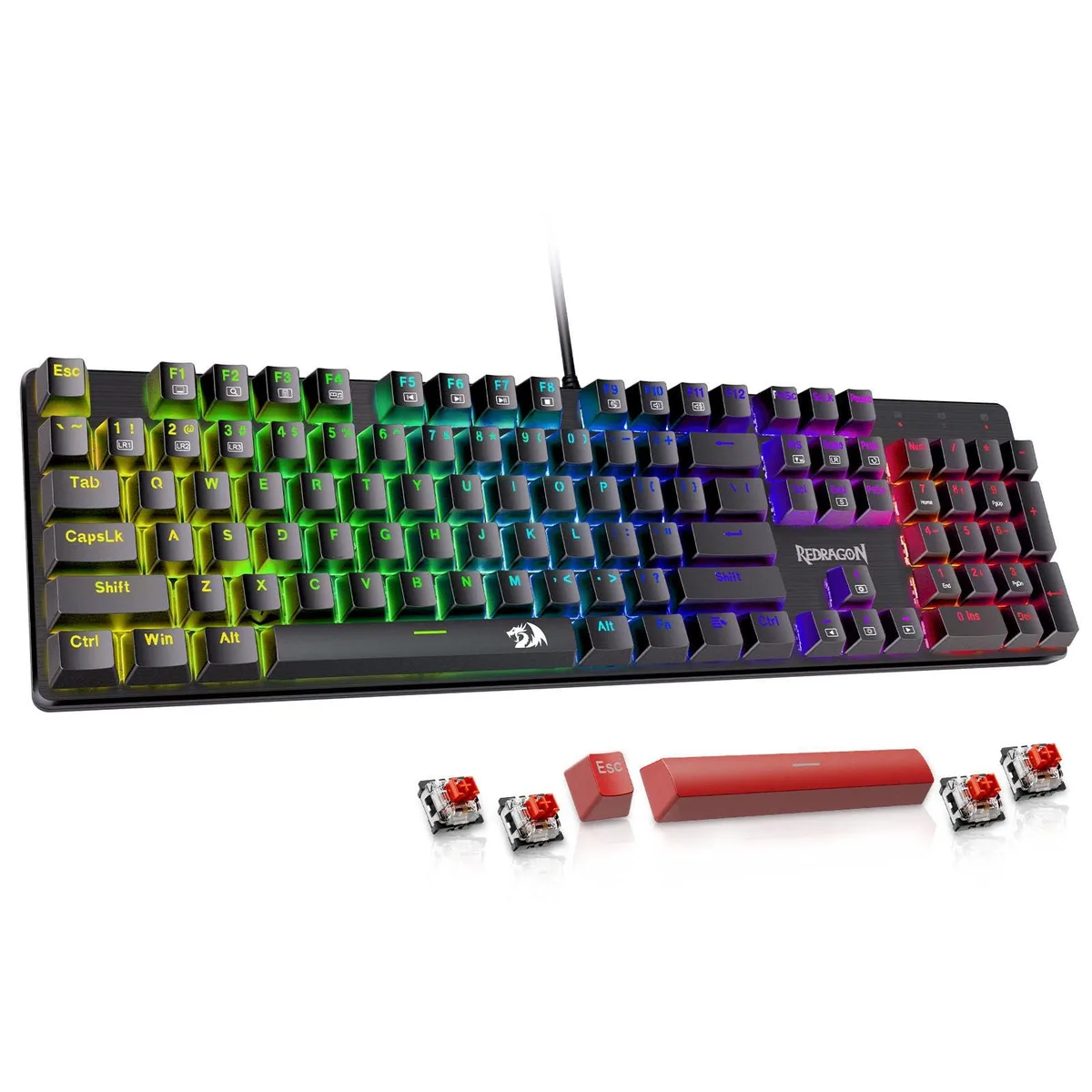 Black full-size mechanical keyboard with RGB backlighting, double-shot PBT keycaps and hot-swappable linear red switches