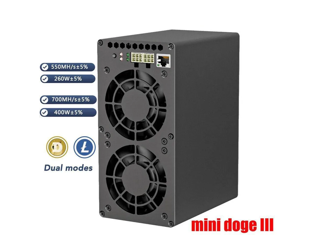 Compact rectangular crypto miner, matte metal finish, integrated power supply, 198 by 150 by 95mm