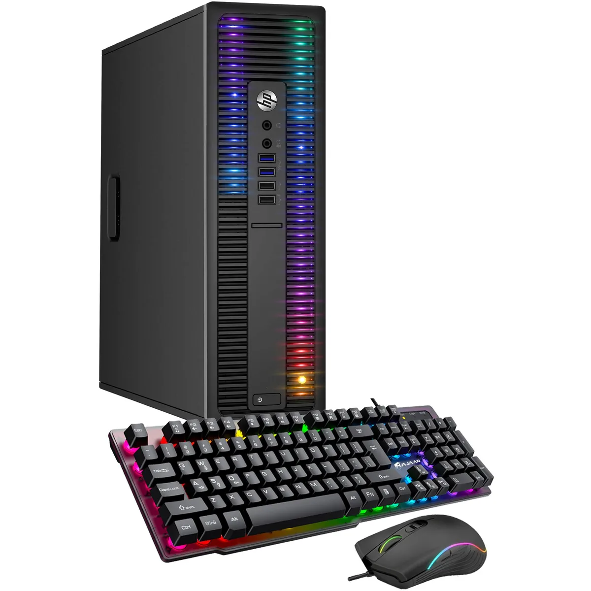 Black slim desktop tower with remote-controlled RGB front panel lighting, wired RGB keyboard and mouse included