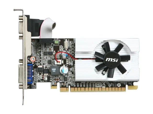 Low-profile graphics card with single fan cooler, black PCB, and DVI HDMI VGA ports