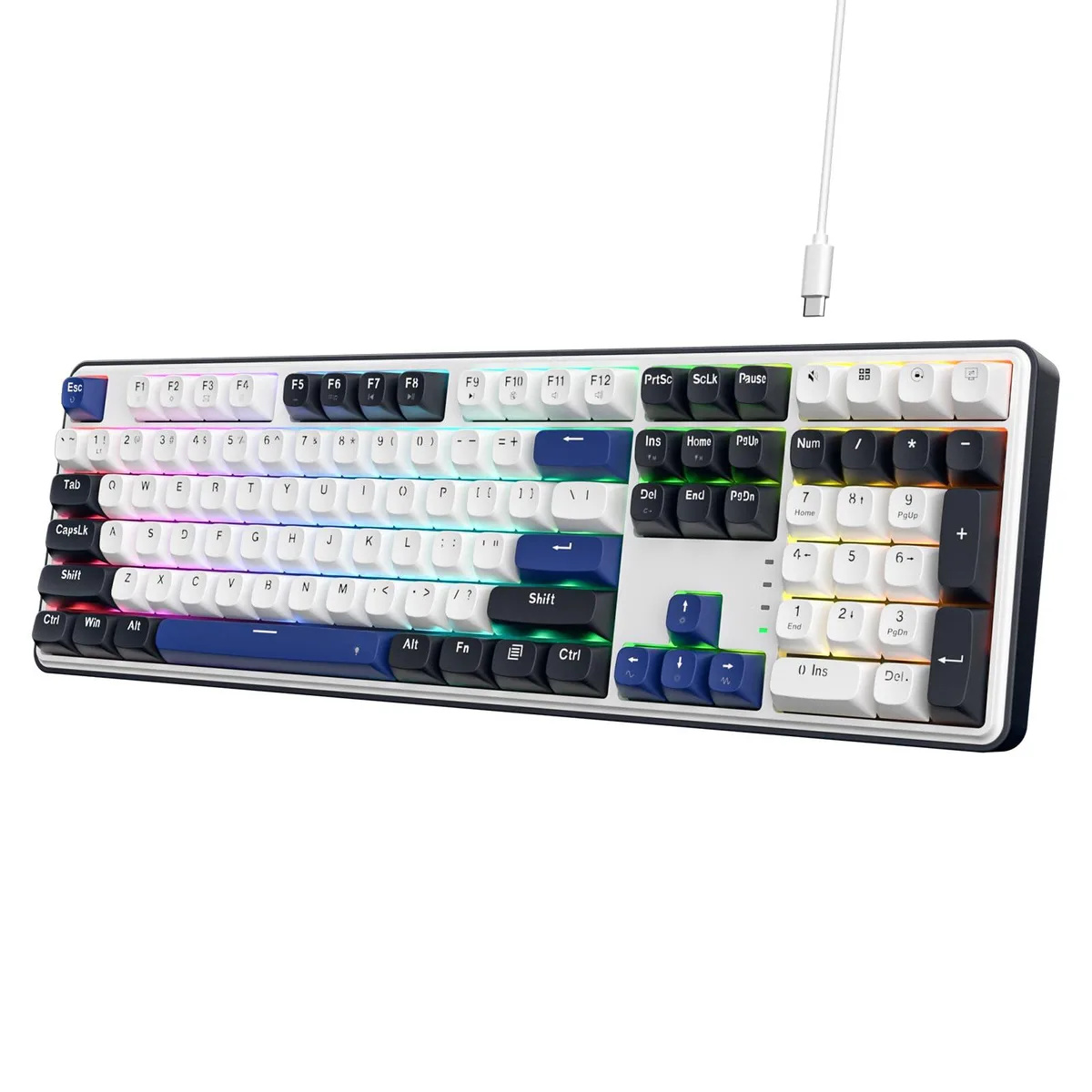 Full-size 108-key mechanical keyboard in cerulean polar finish with mixed colour keycaps and RGB lighting