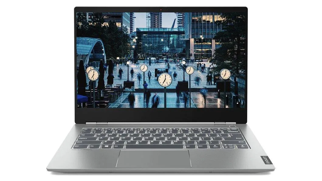 Gray Lenovo ThinkBook 13s ultrabook with aluminum chassis, 13 inch non-touch display, backlit keyboard and webcam cover