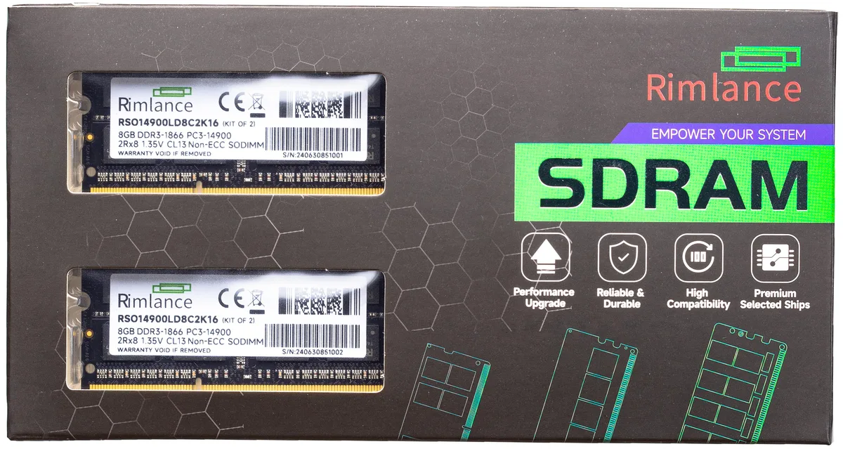 RIMLANCE RIMLANCE 16GB (2x8GB) DDR3 1866MHz CL13 1.35V 204-Pin SODIMM Dual Channel Kit — 제품 사진