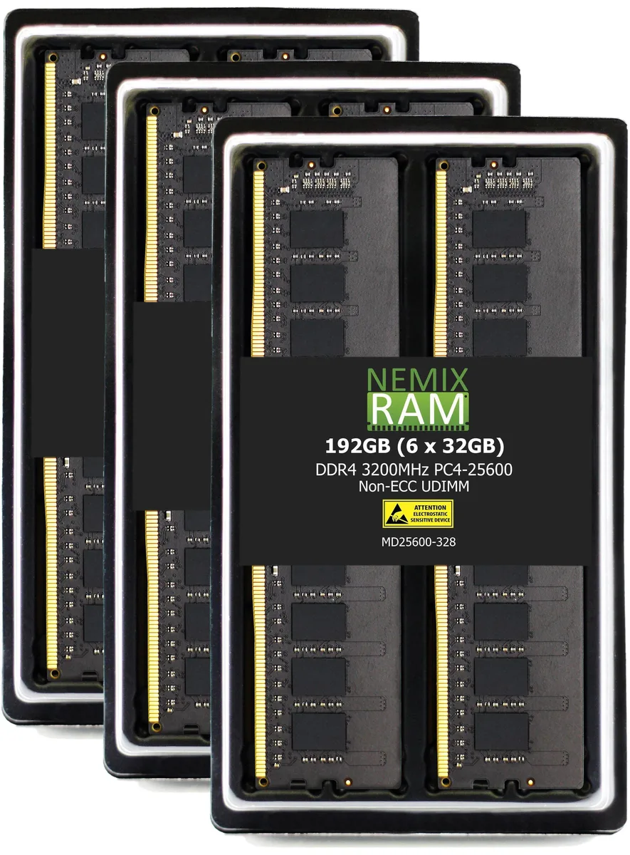 Six green DDR4 UDIMM sticks, no heat spreaders, 288-pin contacts visible