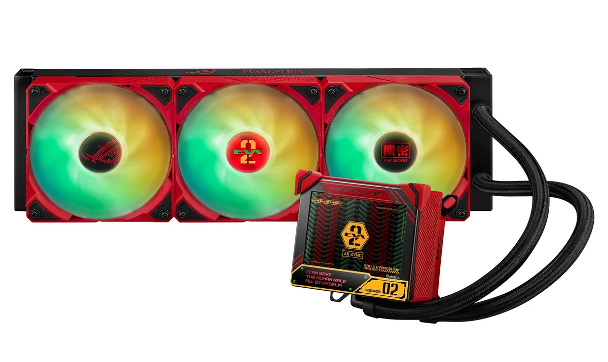 ASUS ROG Ryujin III 360 EVA-02 all-in-one liquid cooler with 3.5 inch LCD screen and three 120mm ARGB fans on 360mm radiator
