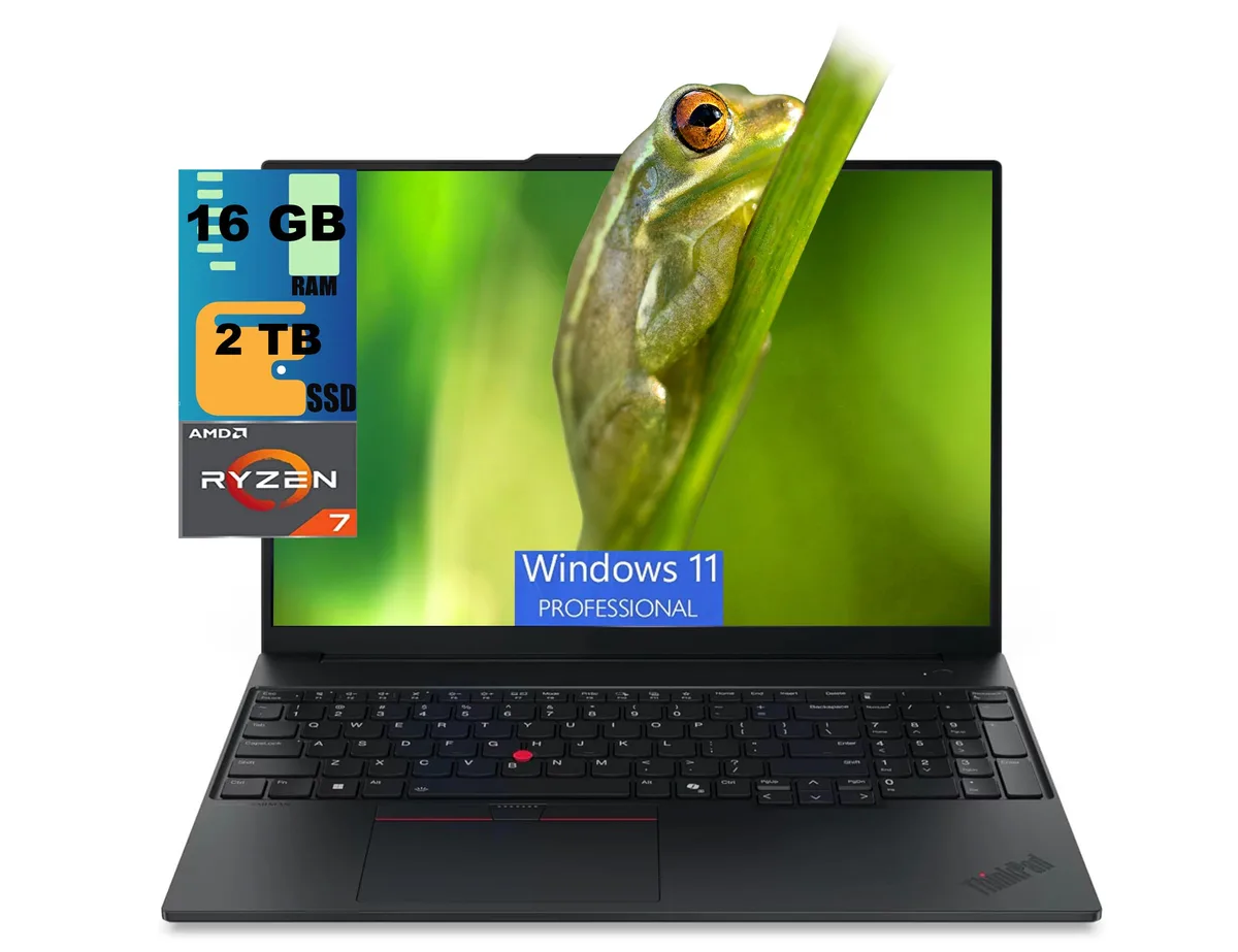 Black Lenovo ThinkPad E16 laptop, 16.0 inch non‑touch screen, slim profile, matte finish