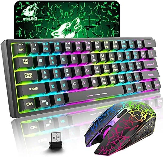Compact 61-key wireless keyboard and mouse set in black with rainbow LED backlighting