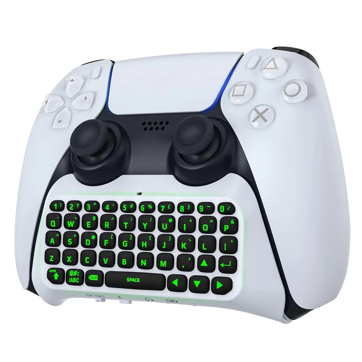 Compact off-white silicone keyboard with green backlight clipped onto a PS5 controller