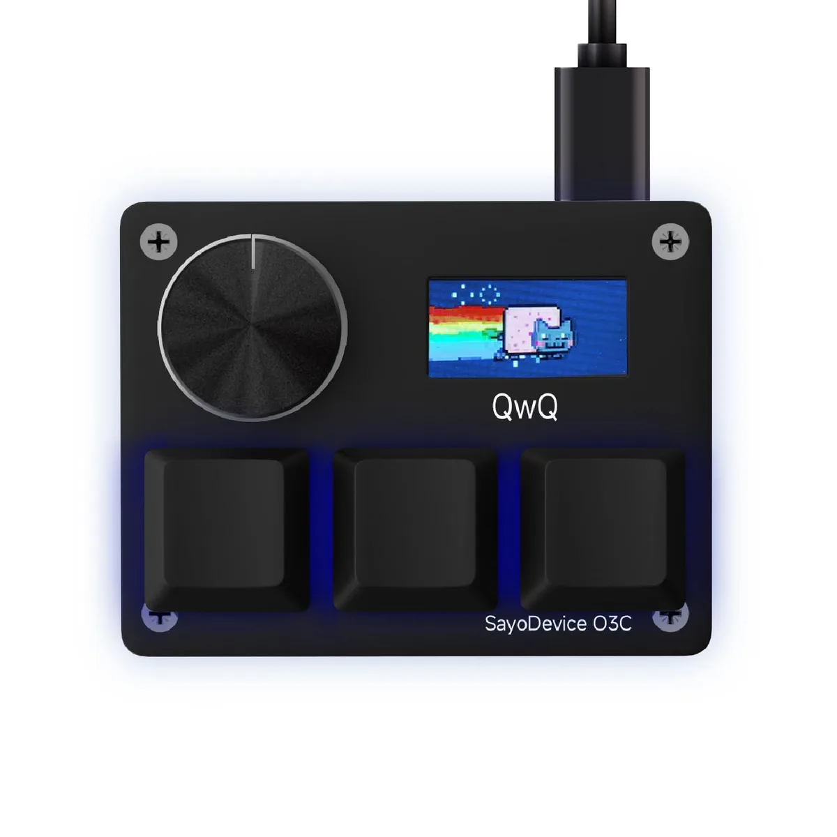 Compact black macro keypad with three Hall-effect switches, a volume roller and a .96 inch screen