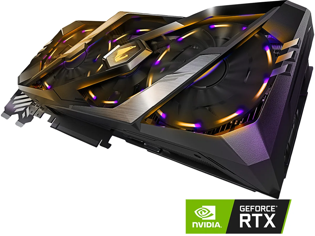 GIGABYTE AORUS RTX 2080 graphics card with three stacked fans and metal backplate
