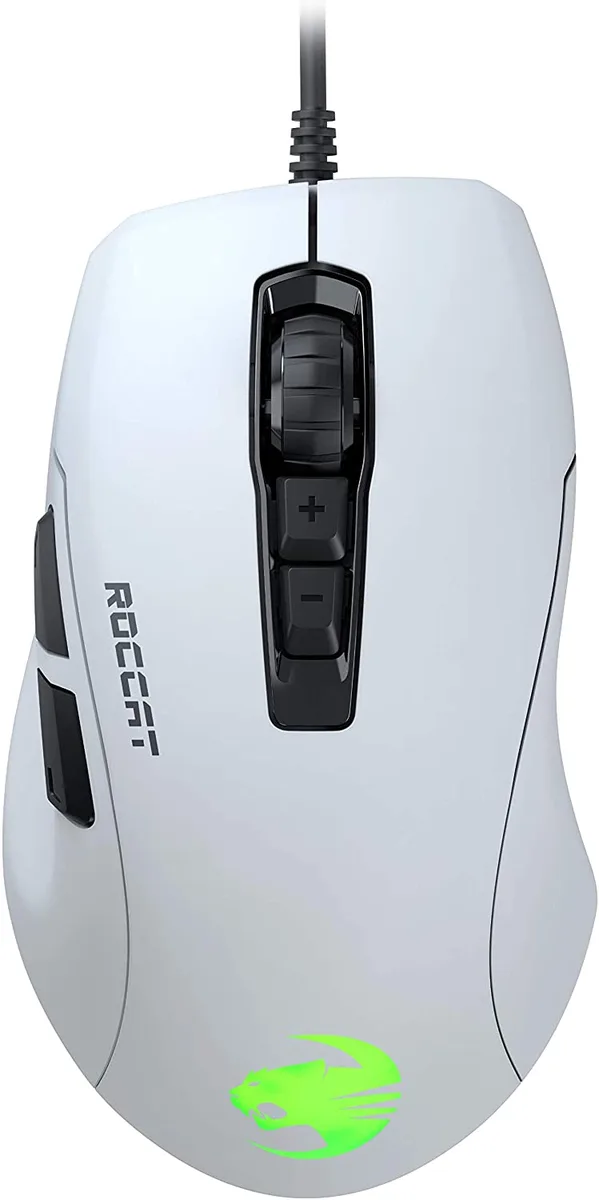 White ergonomic right-handed gaming mouse with seven buttons and scroll wheel