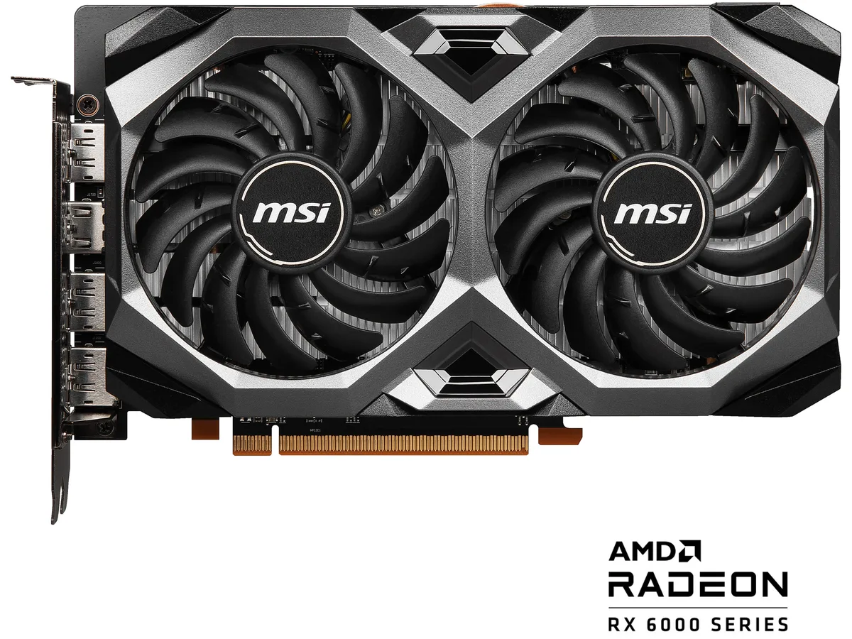 MSI Mech Radeon RX 6600 XT graphics card with dual fans and metal backplate