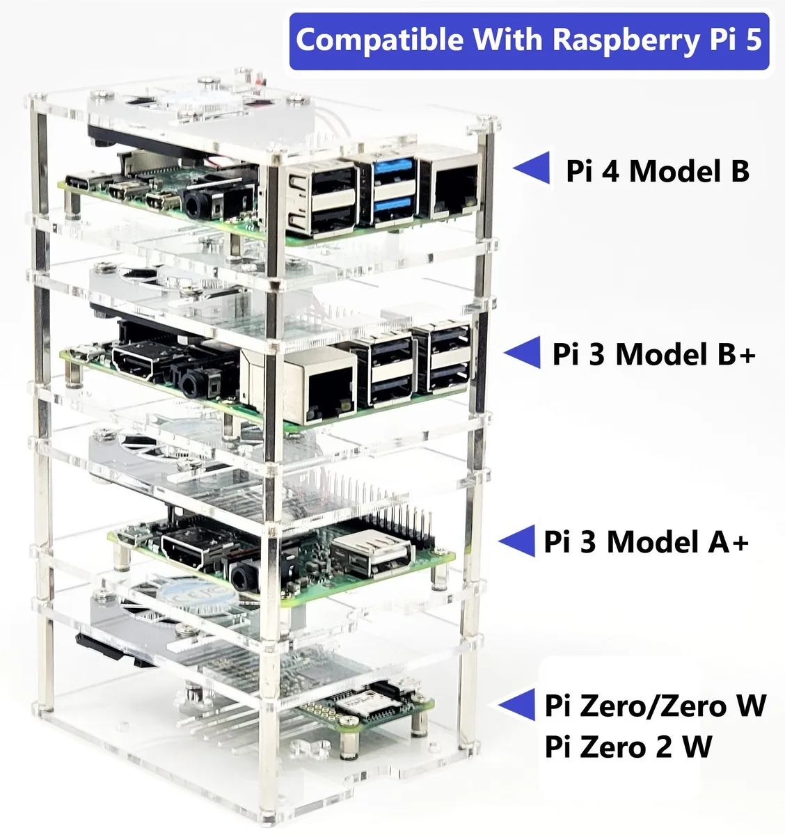 Micro Connectors Micro Connectors RAS-PCS46 4-Layer Acrylic Stackable Case with 40mm Fan — foto del prodotto